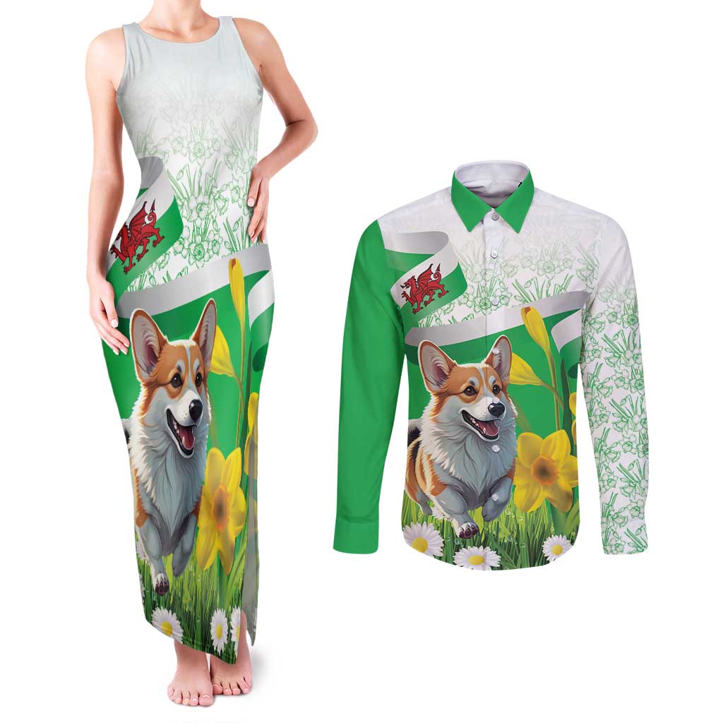 Wales Corgi Daffodil Couples Matching Tank Maxi Dress and Long Sleeve Button Shirt Playful Welsh Dog - Wonder Print Shop