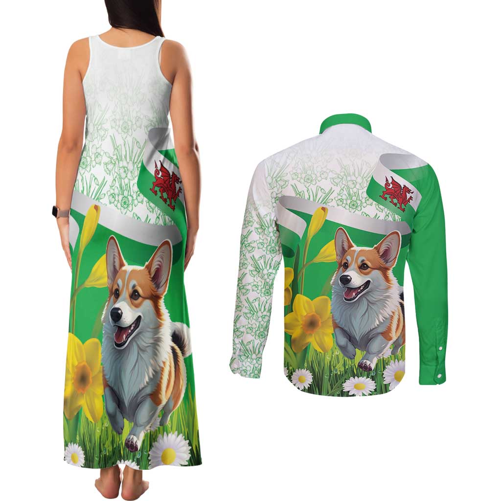 Wales Corgi Daffodil Couples Matching Tank Maxi Dress and Long Sleeve Button Shirt Playful Welsh Dog - Wonder Print Shop