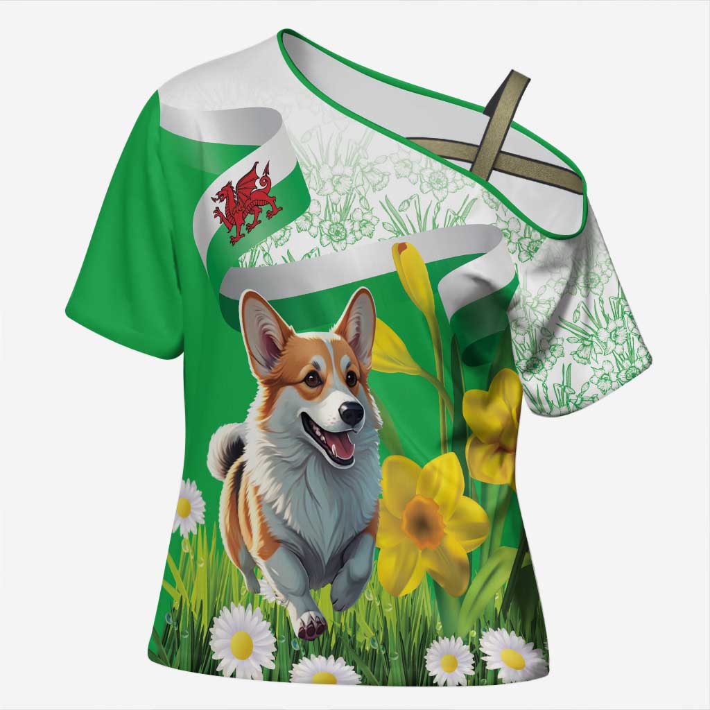 Wales Corgi Daffodil Cross Shoulder Shirt Playful Welsh Dog - Wonder Print Shop