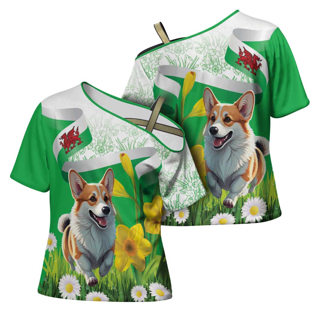 Wales Corgi Daffodil Cross Shoulder Shirt Playful Welsh Dog - Wonder Print Shop