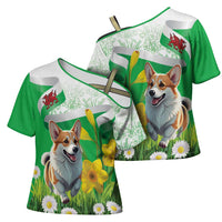 Wales Corgi Daffodil Cross Shoulder Shirt Playful Welsh Dog - Wonder Print Shop