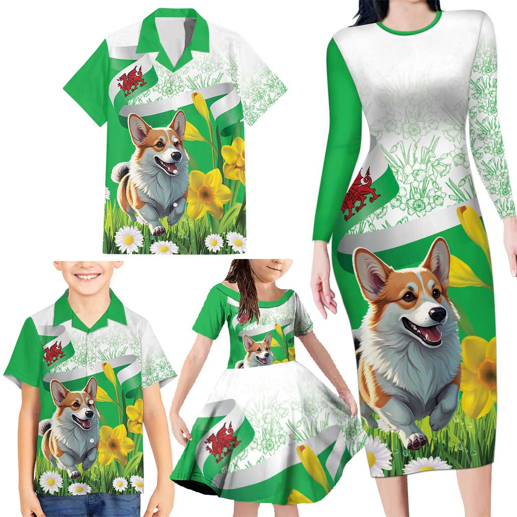 Wales Corgi Daffodil Family Matching Long Sleeve Bodycon Dress and Hawaiian Shirt Playful Welsh Dog - Wonder Print Shop