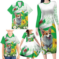 Wales Corgi Daffodil Family Matching Long Sleeve Bodycon Dress and Hawaiian Shirt Playful Welsh Dog - Wonder Print Shop