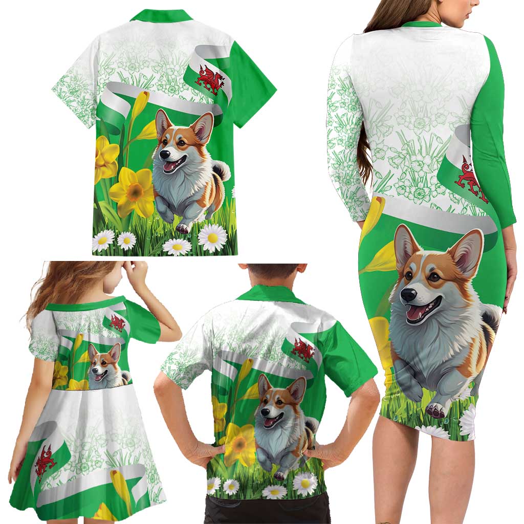 Wales Corgi Daffodil Family Matching Long Sleeve Bodycon Dress and Hawaiian Shirt Playful Welsh Dog - Wonder Print Shop