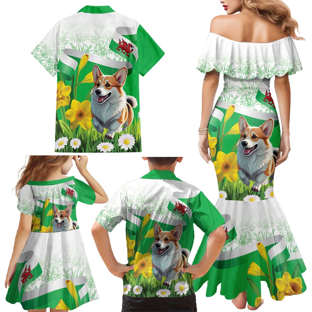Wales Corgi Daffodil Family Matching Mermaid Dress and Hawaiian Shirt Playful Welsh Dog - Wonder Print Shop