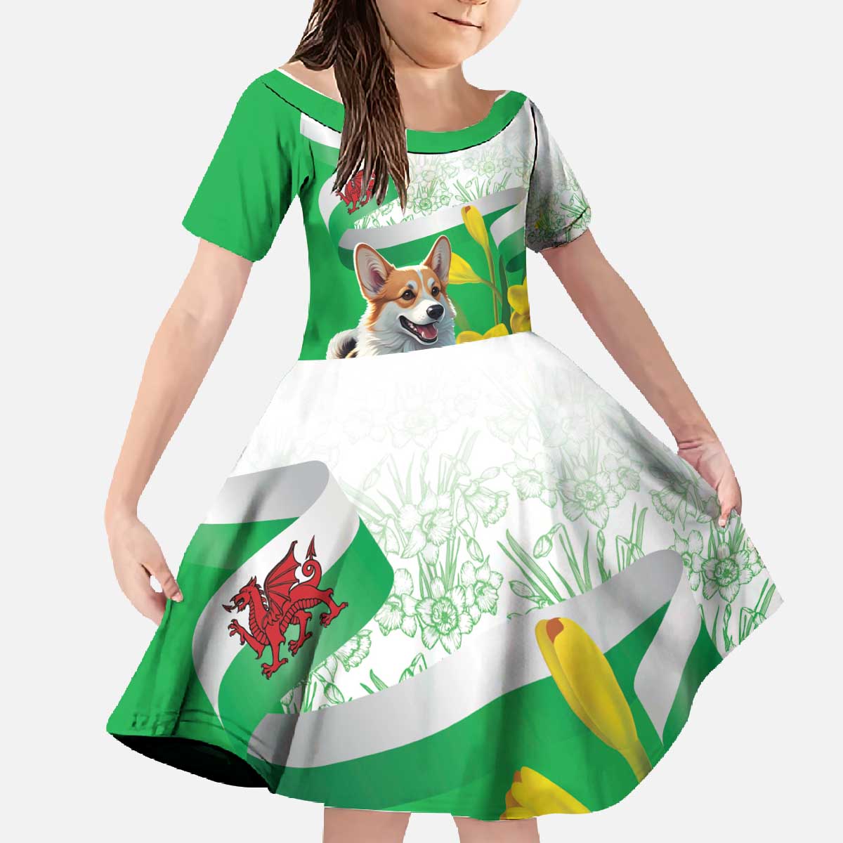 Wales Corgi Daffodil Family Matching Off The Shoulder Long Sleeve Dress and Hawaiian Shirt Playful Welsh Dog - Wonder Print Shop