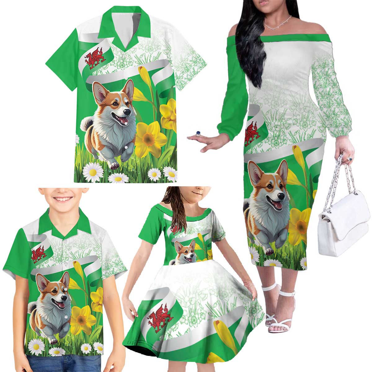 Wales Corgi Daffodil Family Matching Off The Shoulder Long Sleeve Dress and Hawaiian Shirt Playful Welsh Dog - Wonder Print Shop