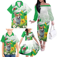 Wales Corgi Daffodil Family Matching Off The Shoulder Long Sleeve Dress and Hawaiian Shirt Playful Welsh Dog - Wonder Print Shop