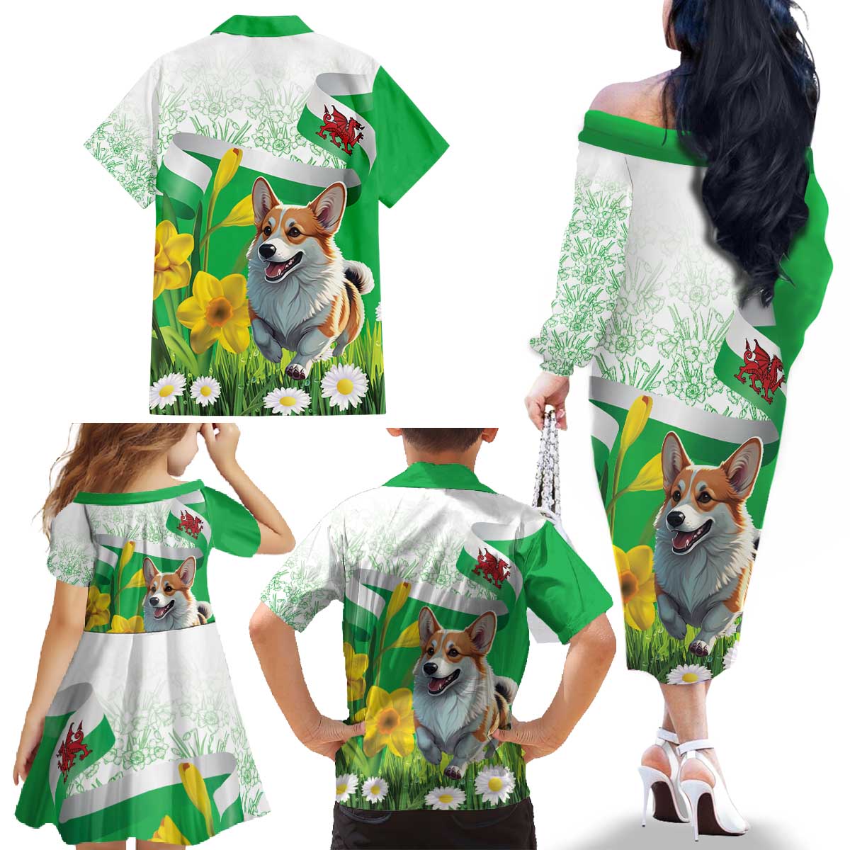 Wales Corgi Daffodil Family Matching Off The Shoulder Long Sleeve Dress and Hawaiian Shirt Playful Welsh Dog - Wonder Print Shop