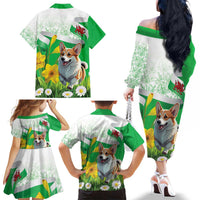 Wales Corgi Daffodil Family Matching Off The Shoulder Long Sleeve Dress and Hawaiian Shirt Playful Welsh Dog - Wonder Print Shop