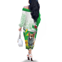 Wales Corgi Daffodil Family Matching Off The Shoulder Long Sleeve Dress and Hawaiian Shirt Playful Welsh Dog - Wonder Print Shop