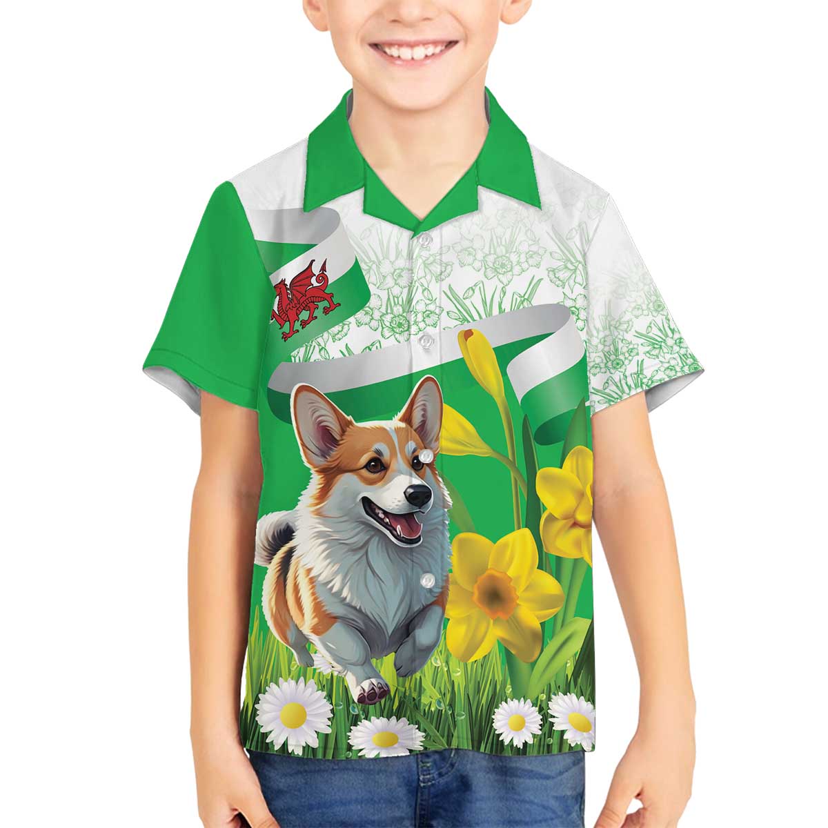 Wales Corgi Daffodil Family Matching Off The Shoulder Long Sleeve Dress and Hawaiian Shirt Playful Welsh Dog - Wonder Print Shop