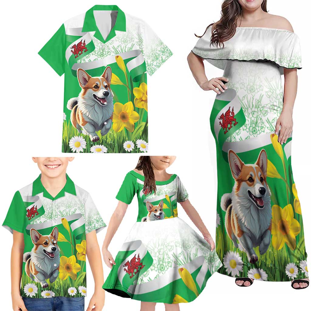 Wales Corgi Daffodil Family Matching Off Shoulder Maxi Dress and Hawaiian Shirt Playful Welsh Dog - Wonder Print Shop