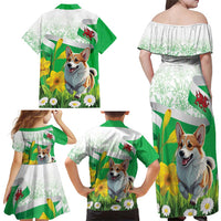 Wales Corgi Daffodil Family Matching Off Shoulder Maxi Dress and Hawaiian Shirt Playful Welsh Dog - Wonder Print Shop