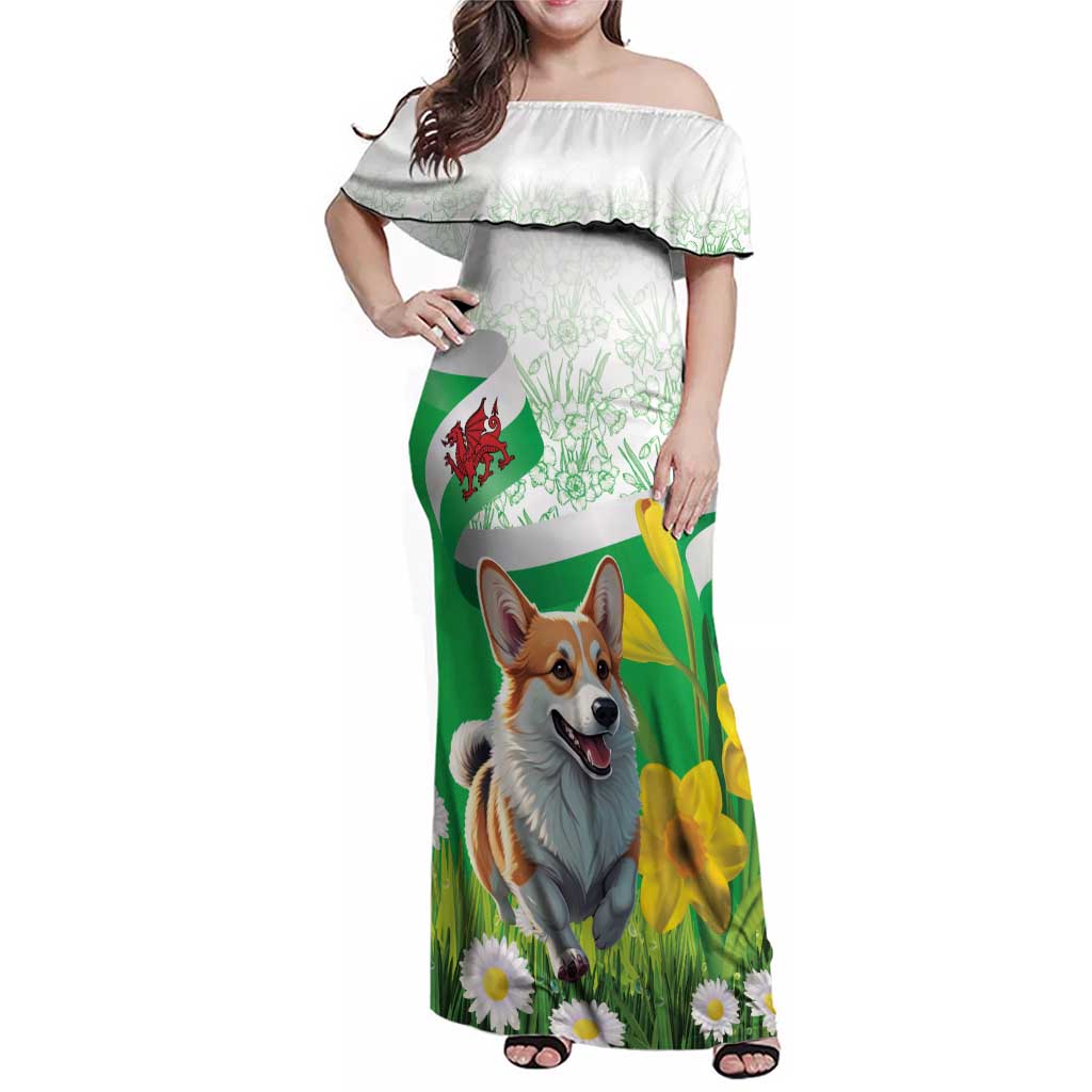 Wales Corgi Daffodil Family Matching Off Shoulder Maxi Dress and Hawaiian Shirt Playful Welsh Dog - Wonder Print Shop