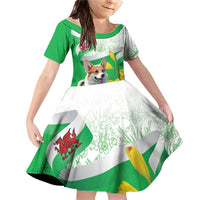Wales Corgi Daffodil Family Matching Off Shoulder Short Dress and Hawaiian Shirt Playful Welsh Dog - Wonder Print Shop