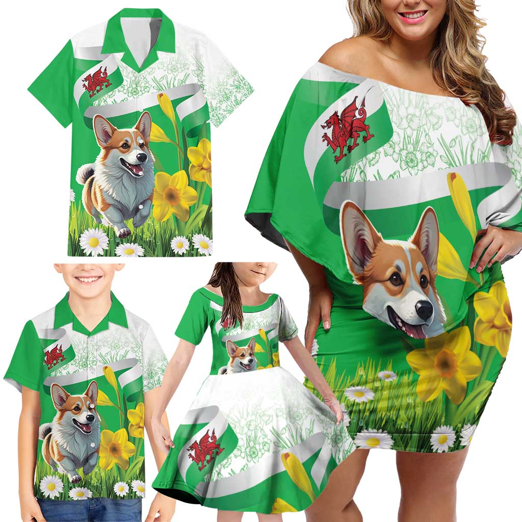 Wales Corgi Daffodil Family Matching Off Shoulder Short Dress and Hawaiian Shirt Playful Welsh Dog - Wonder Print Shop