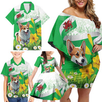 Wales Corgi Daffodil Family Matching Off Shoulder Short Dress and Hawaiian Shirt Playful Welsh Dog - Wonder Print Shop