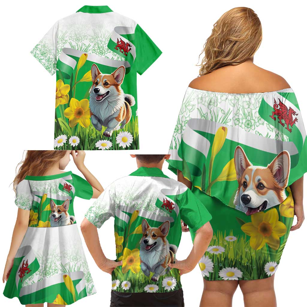 Wales Corgi Daffodil Family Matching Off Shoulder Short Dress and Hawaiian Shirt Playful Welsh Dog - Wonder Print Shop