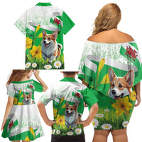 Wales Corgi Daffodil Family Matching Off Shoulder Short Dress and Hawaiian Shirt Playful Welsh Dog - Wonder Print Shop