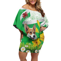 Wales Corgi Daffodil Family Matching Off Shoulder Short Dress and Hawaiian Shirt Playful Welsh Dog - Wonder Print Shop