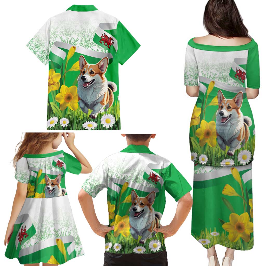 Wales Corgi Daffodil Family Matching Puletasi and Hawaiian Shirt Playful Welsh Dog - Wonder Print Shop