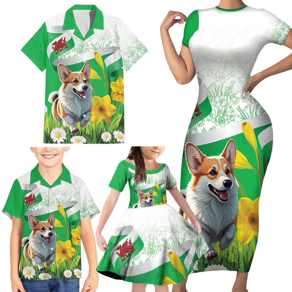 Wales Corgi Daffodil Family Matching Short Sleeve Bodycon Dress and Hawaiian Shirt Playful Welsh Dog - Wonder Print Shop