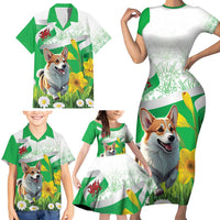 Wales Corgi Daffodil Family Matching Short Sleeve Bodycon Dress and Hawaiian Shirt Playful Welsh Dog - Wonder Print Shop
