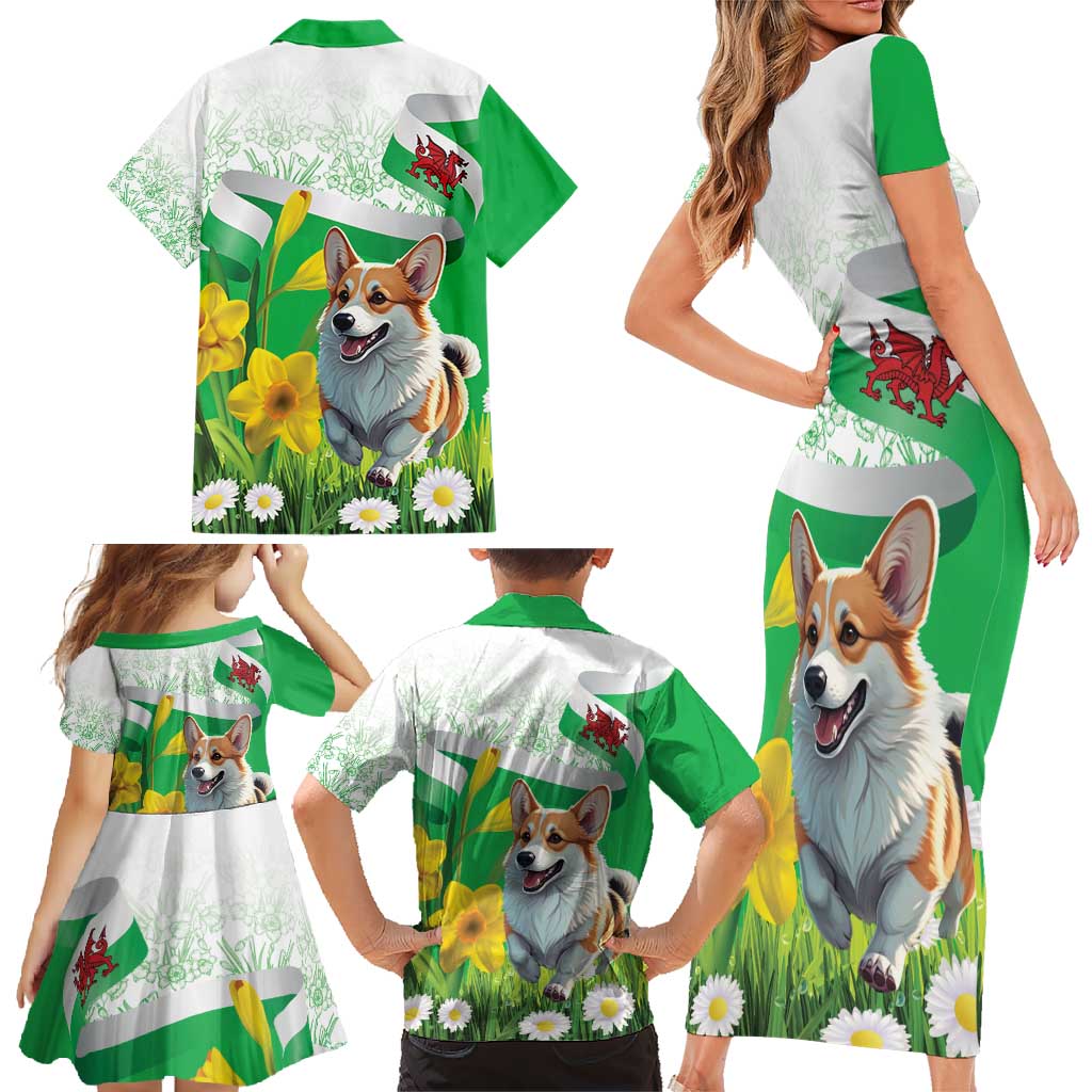 Wales Corgi Daffodil Family Matching Short Sleeve Bodycon Dress and Hawaiian Shirt Playful Welsh Dog - Wonder Print Shop