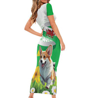 Wales Corgi Daffodil Family Matching Short Sleeve Bodycon Dress and Hawaiian Shirt Playful Welsh Dog - Wonder Print Shop