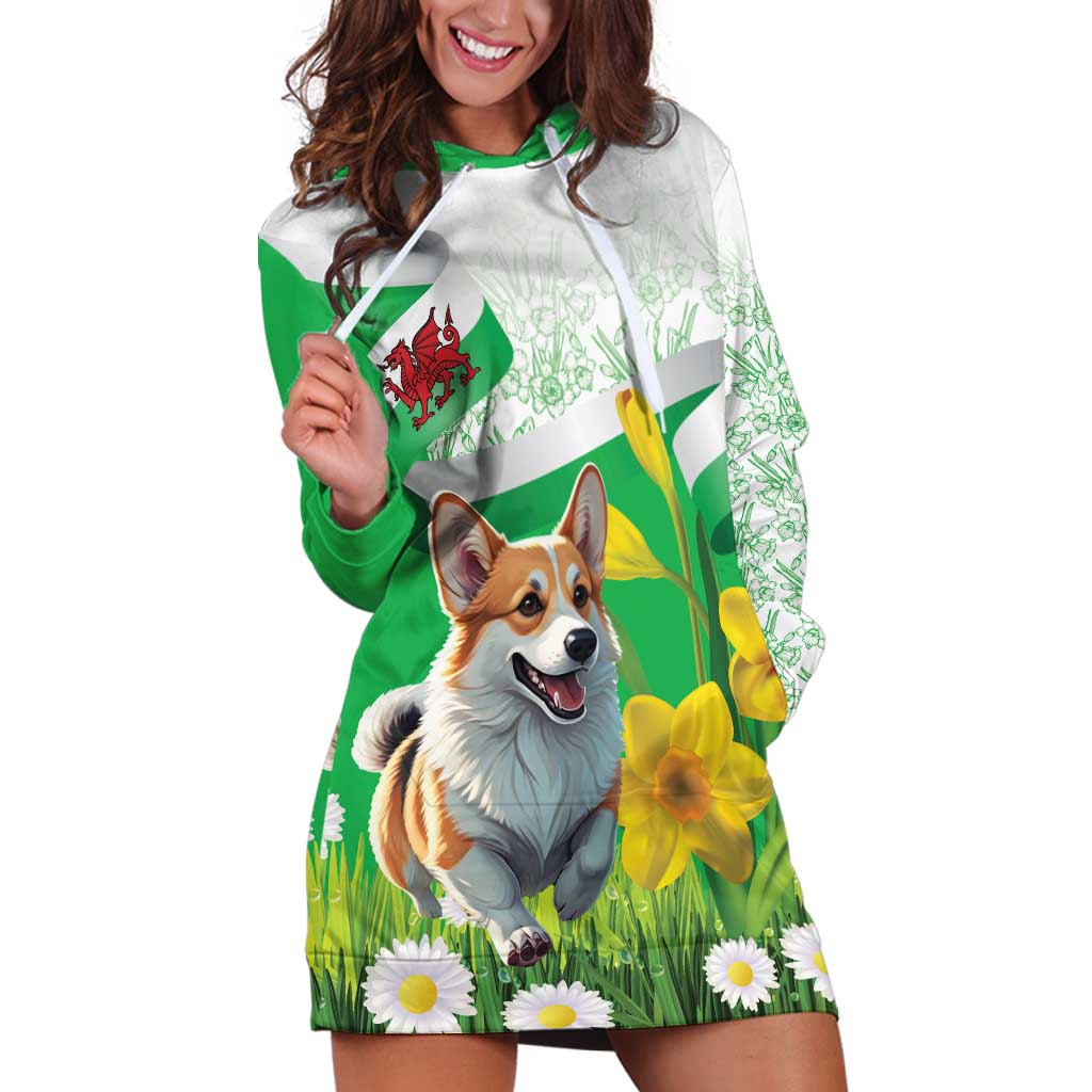 Wales Corgi Daffodil Hoodie Dress Playful Welsh Dog - Wonder Print Shop