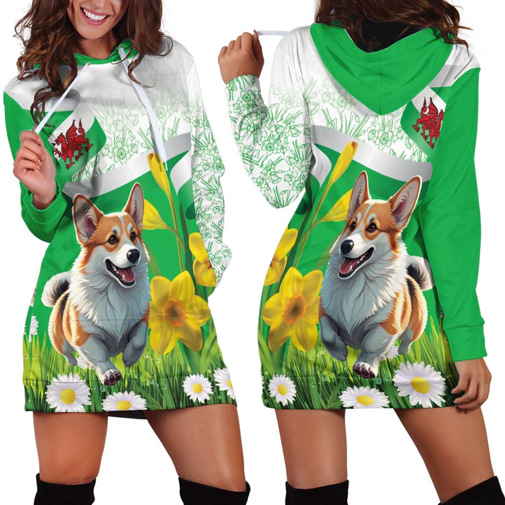 Wales Corgi Daffodil Hoodie Dress Playful Welsh Dog - Wonder Print Shop