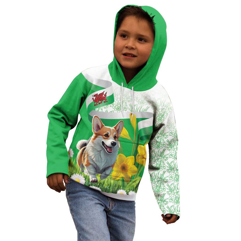 Wales Corgi Daffodil Kid Hoodie Playful Welsh Dog - Wonder Print Shop