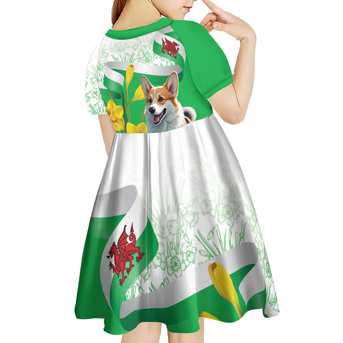 Wales Corgi Daffodil Kid Short Sleeve Dress Playful Welsh Dog - Wonder Print Shop