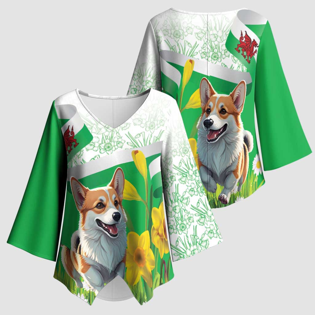 Wales Corgi Daffodil Kimono Sleeve Blouse Playful Welsh Dog - Wonder Print Shop