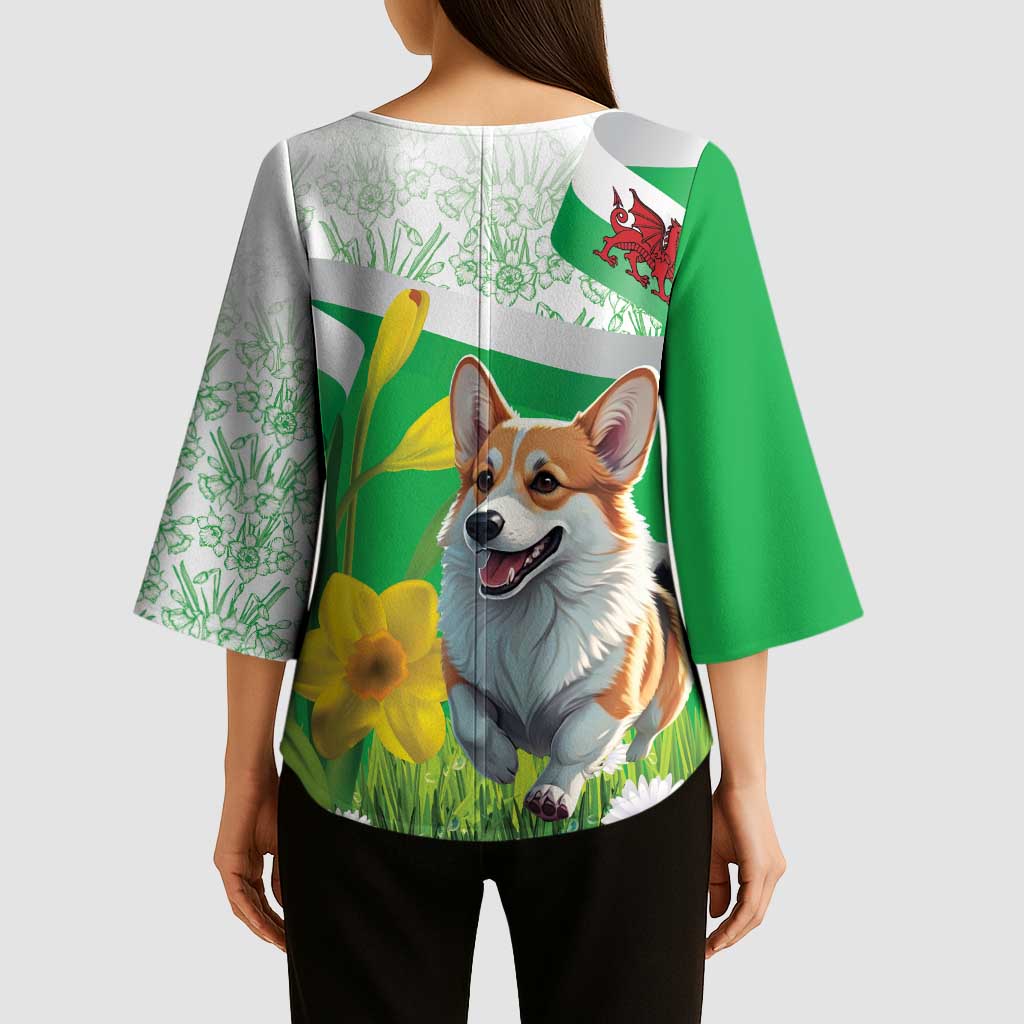 Wales Corgi Daffodil Kimono Sleeve Blouse Playful Welsh Dog - Wonder Print Shop
