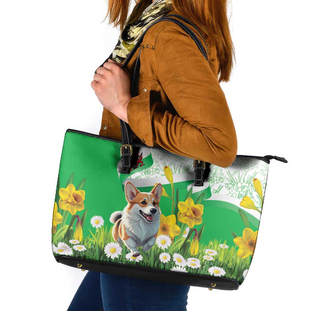 Wales Corgi Daffodil Leather Tote Bag Playful Welsh Dog - Wonder Print Shop