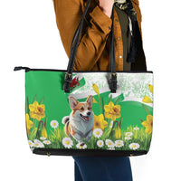 Wales Corgi Daffodil Leather Tote Bag Playful Welsh Dog - Wonder Print Shop