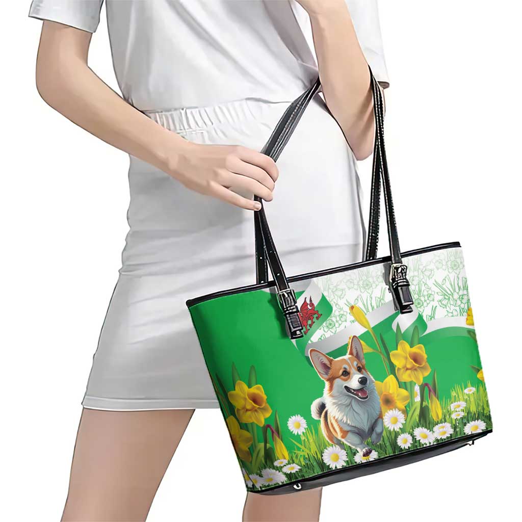 Wales Corgi Daffodil Leather Tote Bag Playful Welsh Dog - Wonder Print Shop