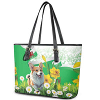 Wales Corgi Daffodil Leather Tote Bag Playful Welsh Dog - Wonder Print Shop