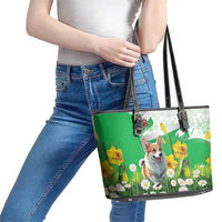 Wales Corgi Daffodil Leather Tote Bag Playful Welsh Dog - Wonder Print Shop