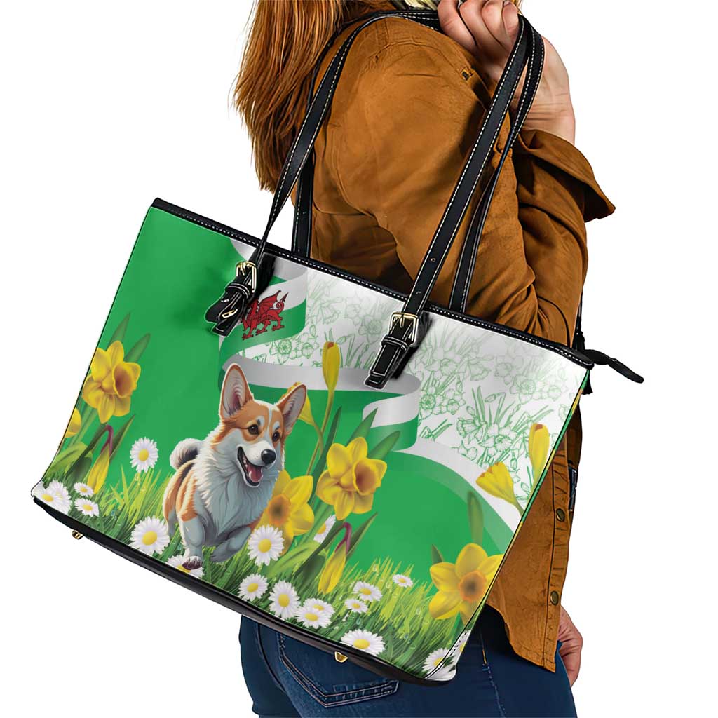 Wales Corgi Daffodil Leather Tote Bag Playful Welsh Dog - Wonder Print Shop
