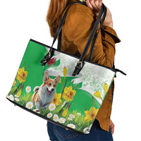 Wales Corgi Daffodil Leather Tote Bag Playful Welsh Dog - Wonder Print Shop