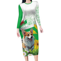 Wales Corgi Daffodil Long Sleeve Bodycon Dress Playful Welsh Dog - Wonder Print Shop