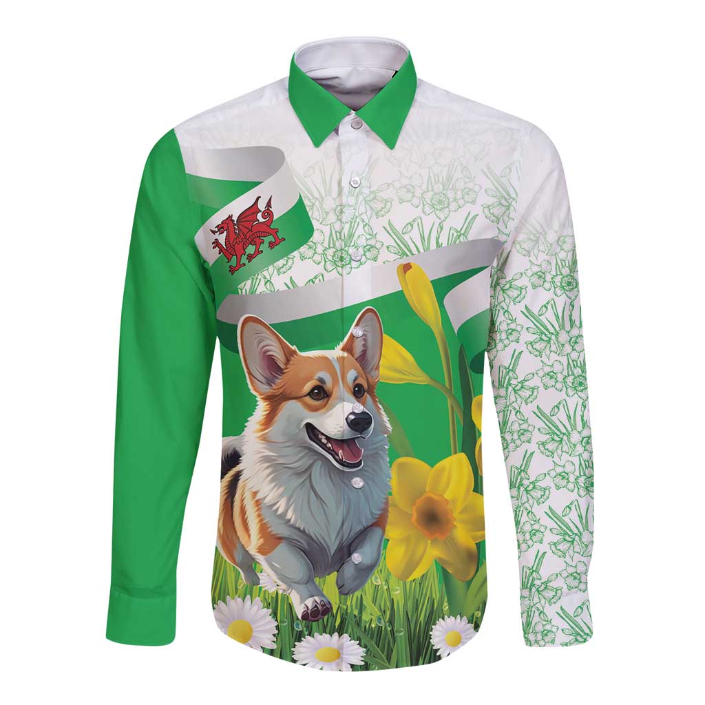 Wales Corgi Daffodil Long Sleeve Button Shirt Playful Welsh Dog - Wonder Print Shop