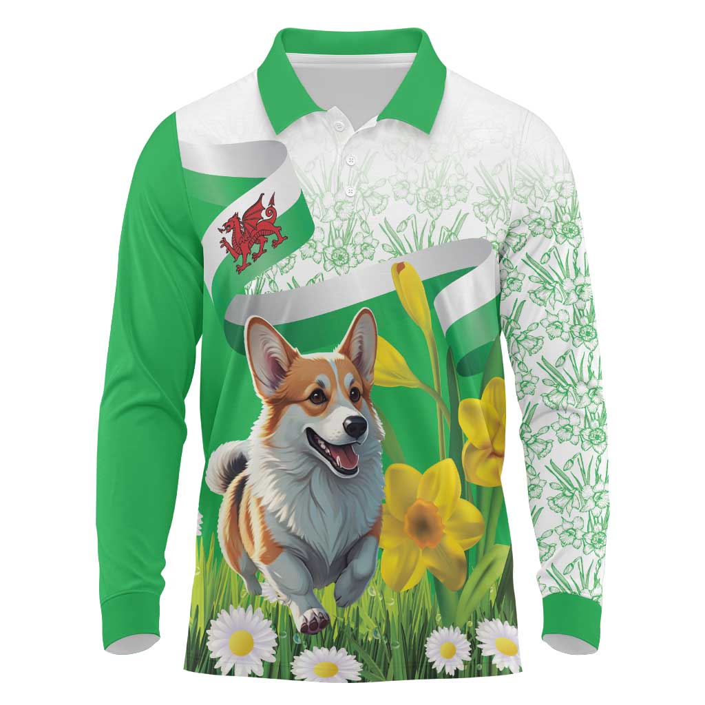 Wales Corgi Daffodil Long Sleeve Polo Shirt Playful Welsh Dog - Wonder Print Shop