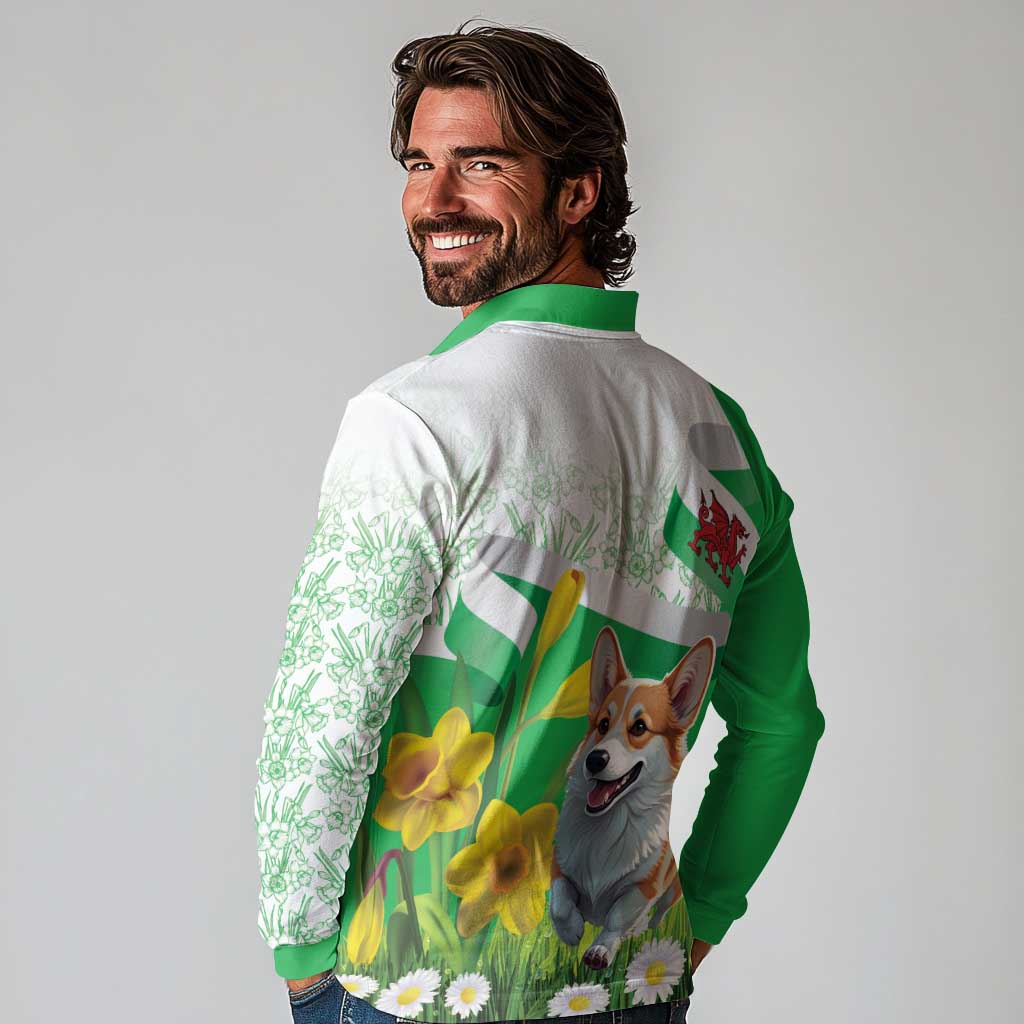 Wales Corgi Daffodil Long Sleeve Polo Shirt Playful Welsh Dog - Wonder Print Shop