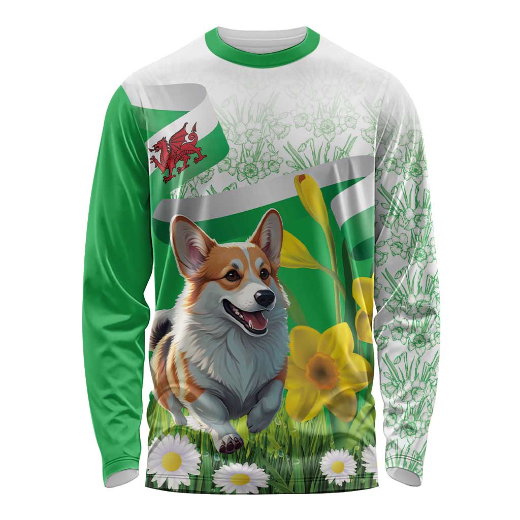 Wales Corgi Daffodil Long Sleeve Shirt Playful Welsh Dog - Wonder Print Shop