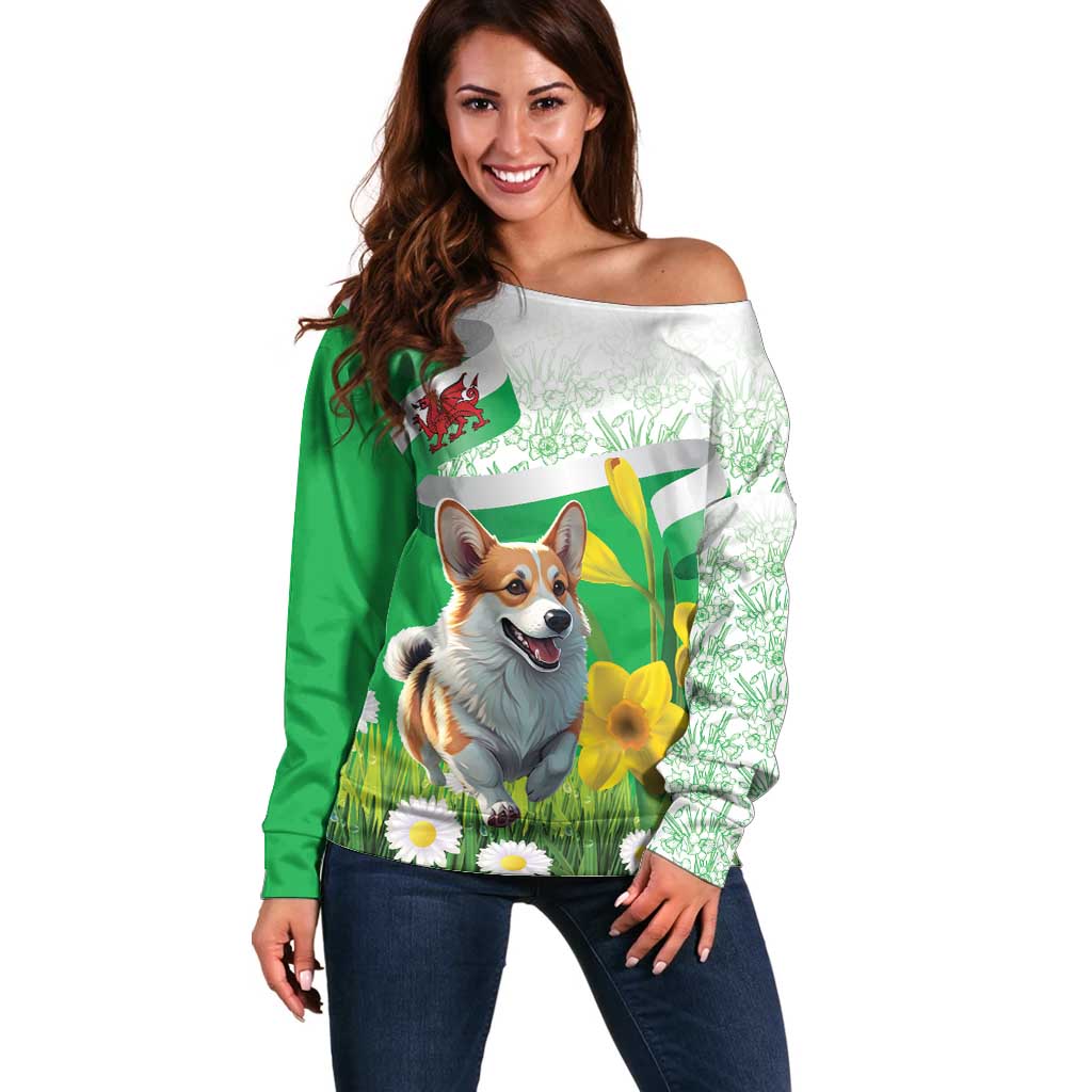 Wales Corgi Daffodil Off Shoulder Sweater Playful Welsh Dog - Wonder Print Shop
