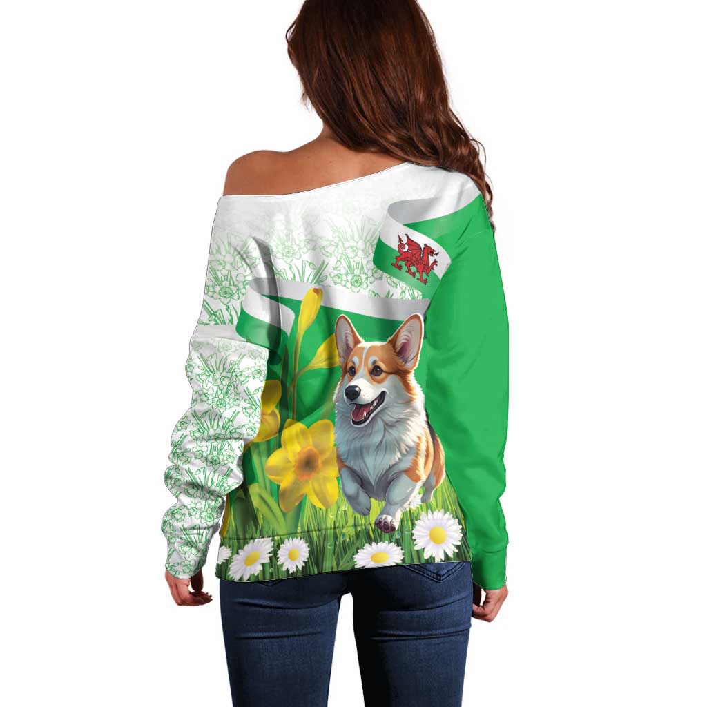 Wales Corgi Daffodil Off Shoulder Sweater Playful Welsh Dog - Wonder Print Shop